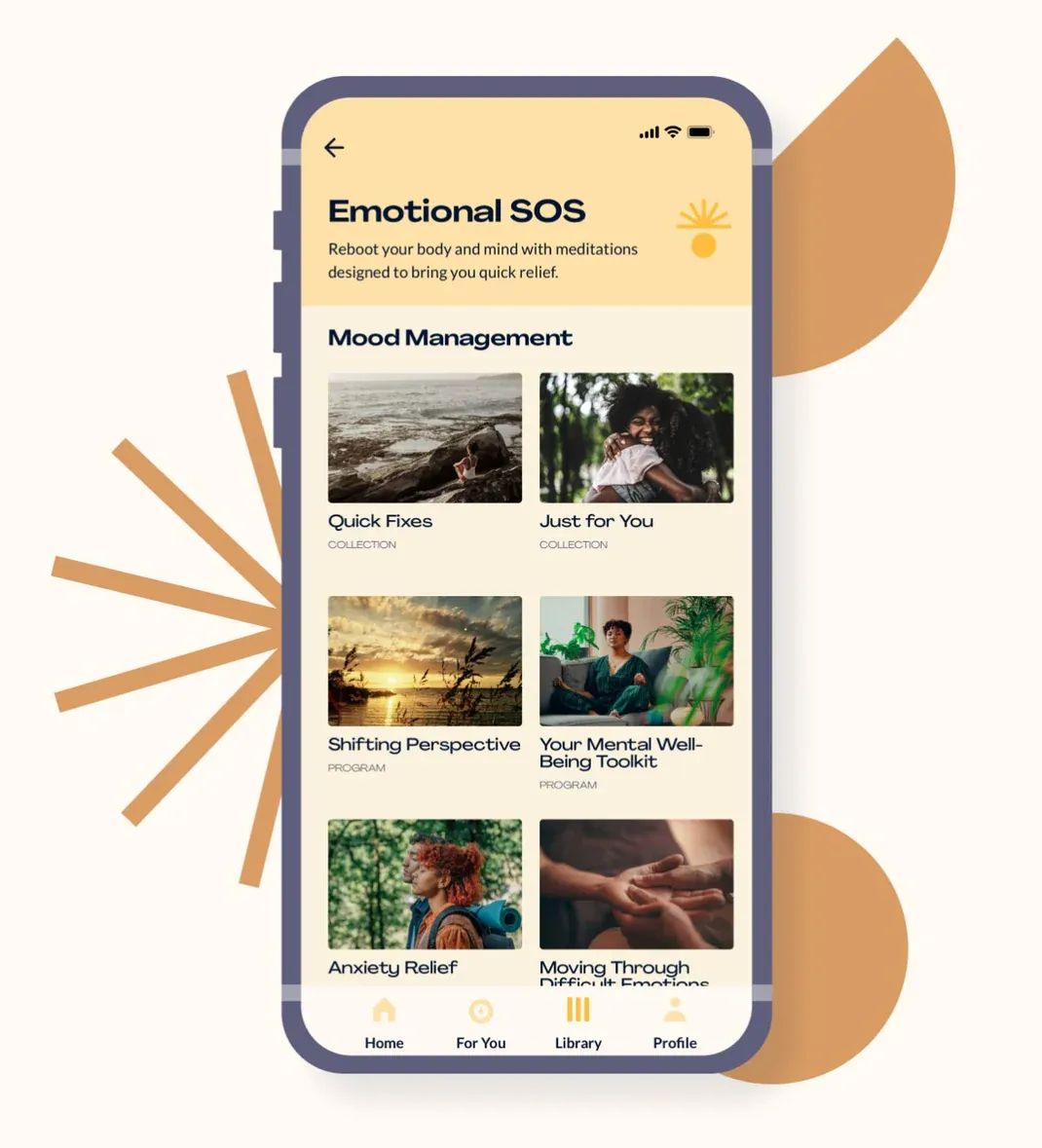 presence app on a phone, on the Emotional SOS section, showing several mood management meditations.