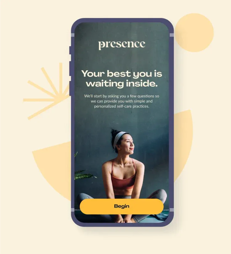 presence app on a phone, with a picture of a girl meditating and a Begin button.